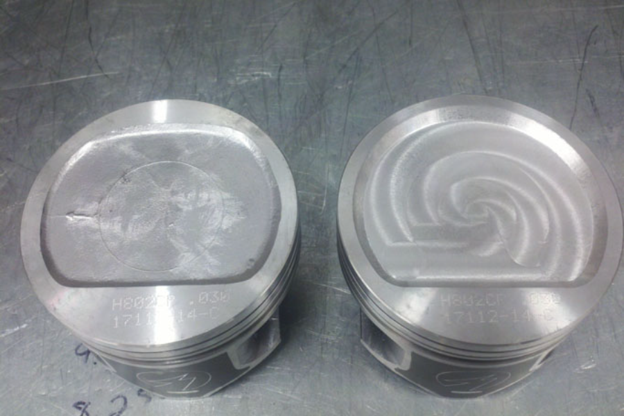 Engine Building Services 3 Piston machining. Enlarged dish on right piston for lower compression on a stroker 4.0L